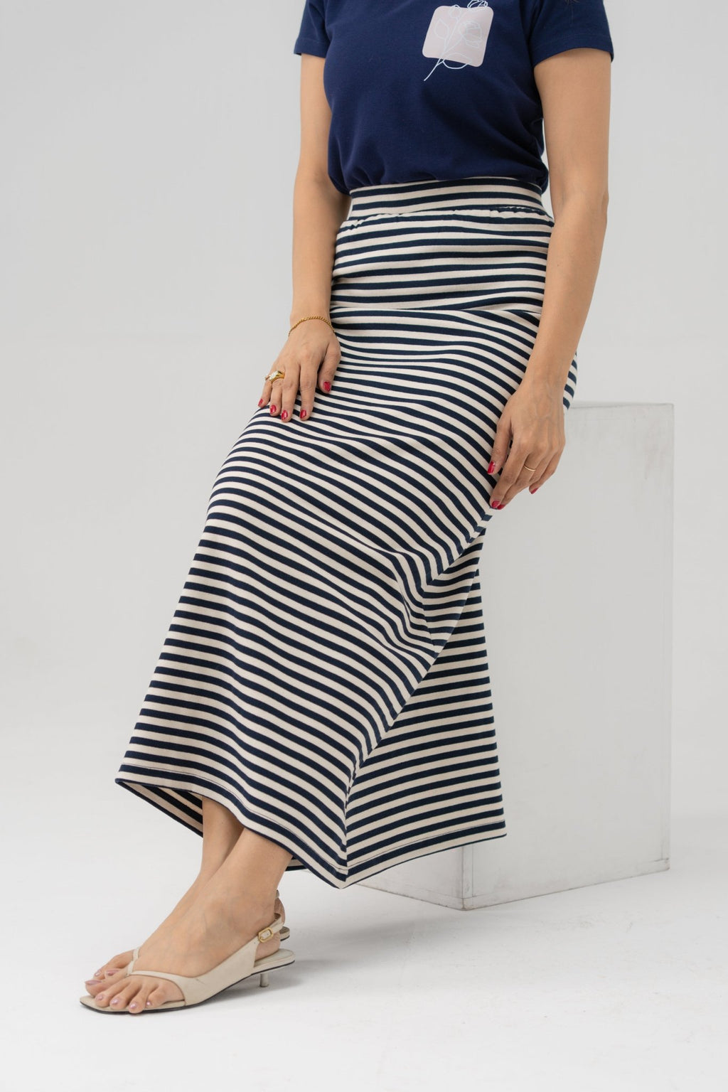 Blue & White Ribbed Maxi Skirt - women's clothing Pakistan